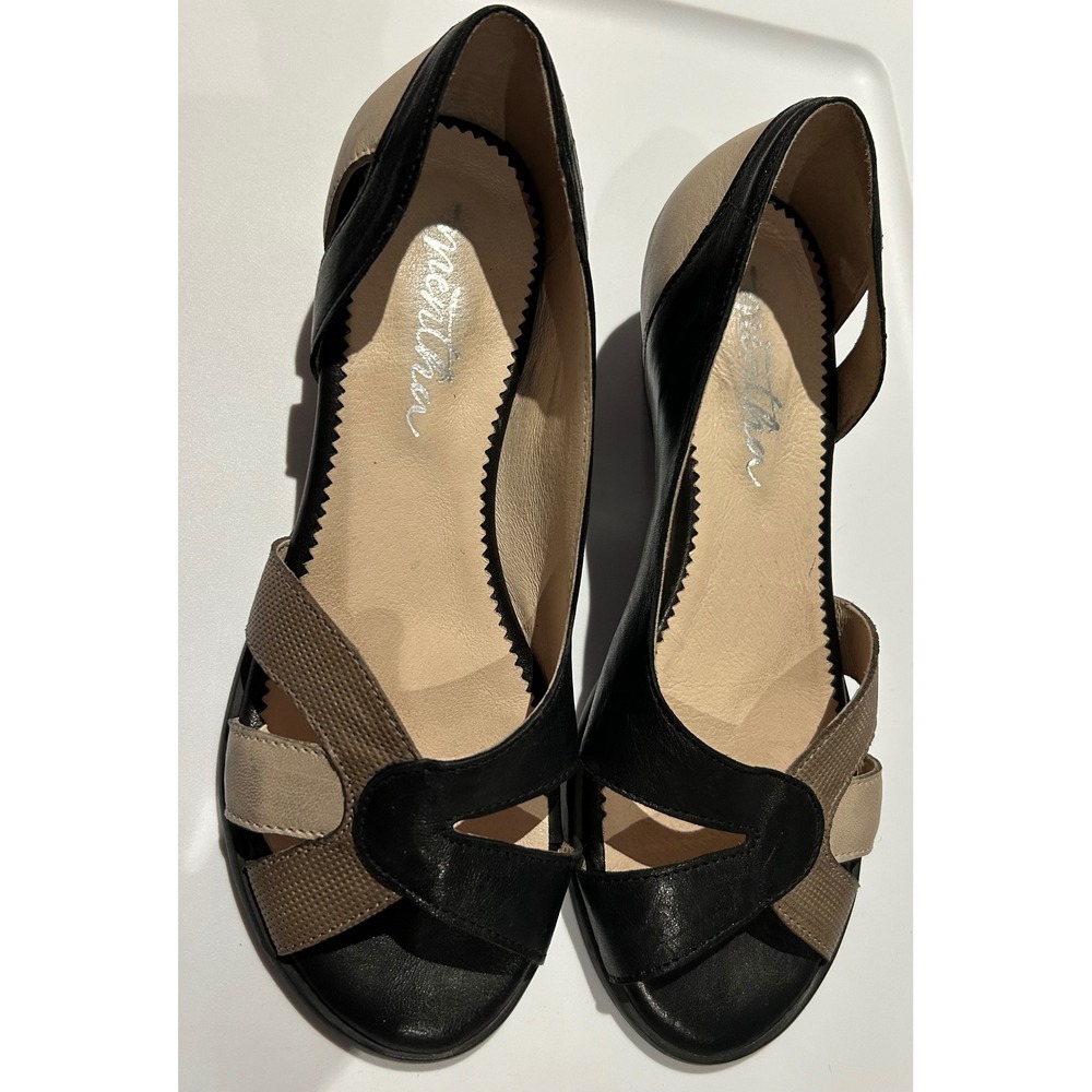 Mentha Womens Leather Peep Toe Block Heel Sandals Black Tan Beige Portugal 37‎